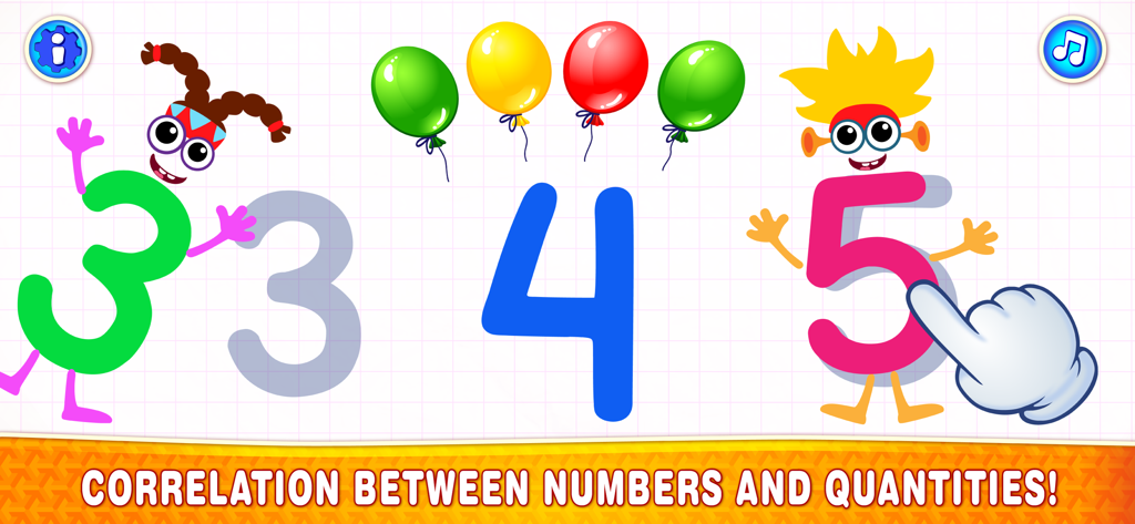 123 Counting Number Kids Games - Educational game screen showing animated characters for numbers 3 4 and 5 with balloons to teach the correlation between numbers and quantities