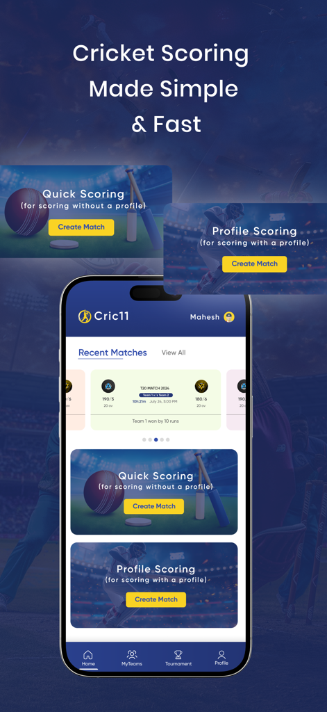 Home screen of Cric11 app featuring quick scoring and profile scoring options for cricket matches