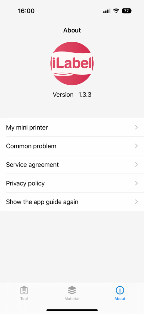 iLabel app about screen with version number and settings menu items