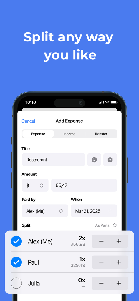 Tricount mobile app interface showing a restaurant expense being split into custom parts between friends