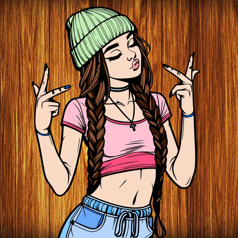realistic teenage girl with braids and a beanie and crop top doing 🫶🏼