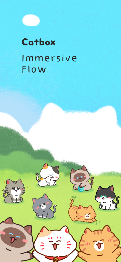 Cat Flow - Kitty Focus Timer - A group of cute cartoon cats in a green meadow under a blue sky with the text Catbox Immersive Flow