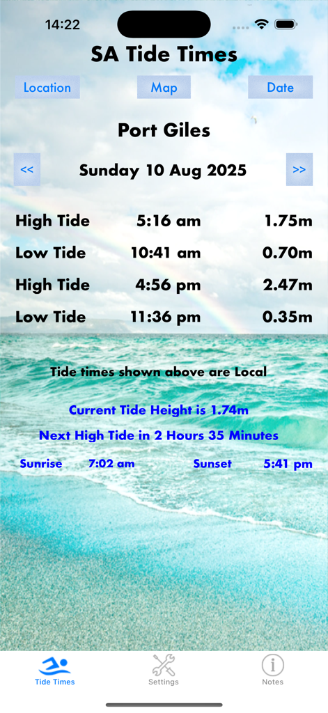 SA Tide Times - SA Tide Times app screen displaying high and low tide schedules for Port Giles