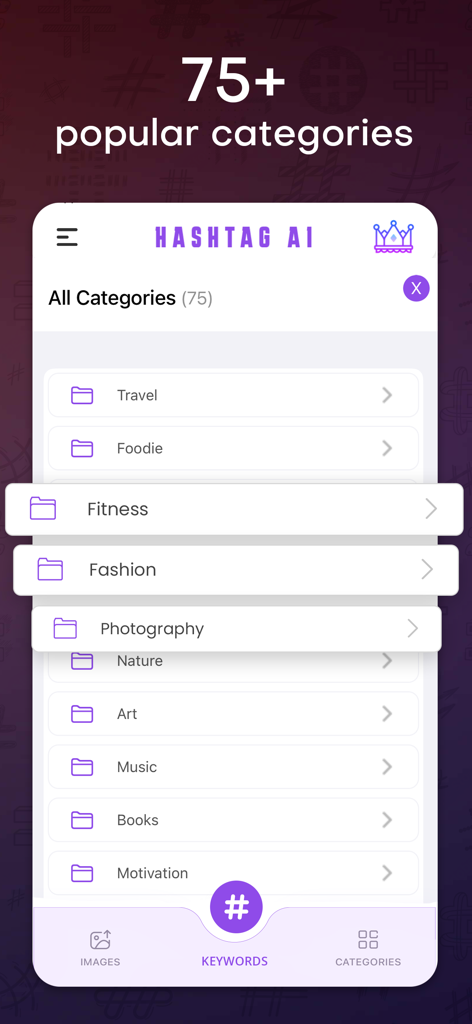 Hashtag Generator - Top Follow - Interfaccia dell'app Generatore di Hashtag IA che mostra un elenco di oltre 75 categorie di hashtag popolari tra cui Viaggi, Fitness e Moda.