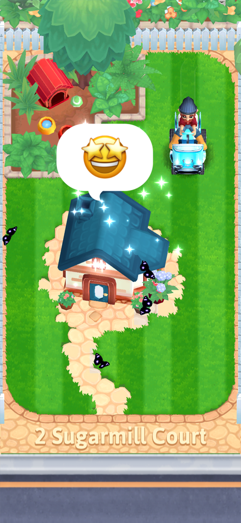 It's Literally Just Mowing - 青い芝刈り機に乗ったキャラクターが、黒い蝶と星の絵文字のある家の周りの青々とした緑の芝生を刈っているトップダウンビュー。