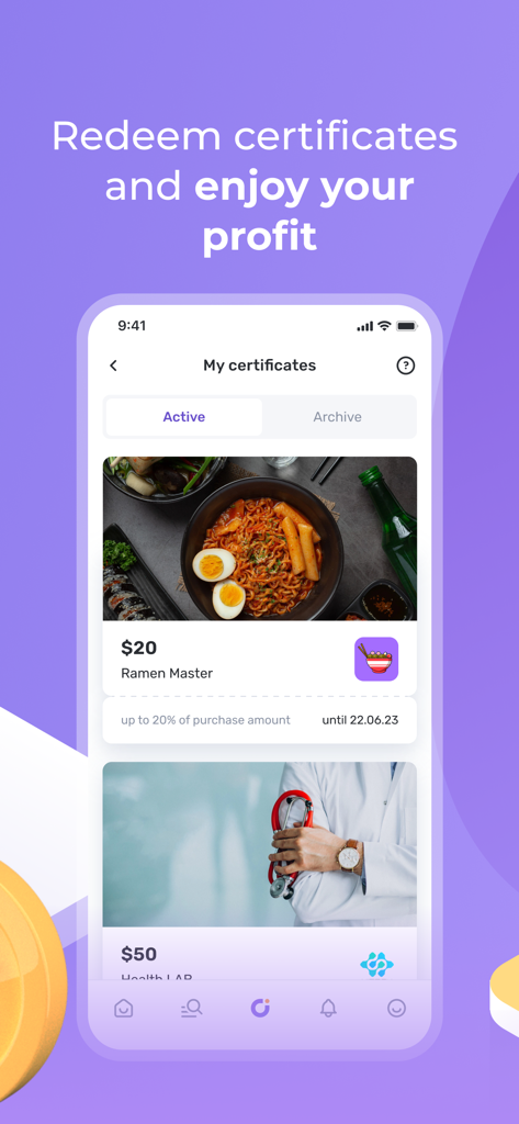 A mobile screen displaying active reward certificates for local businesses in the UDS app.