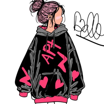 realistic girl with a oversized sweatshirt on and a bun