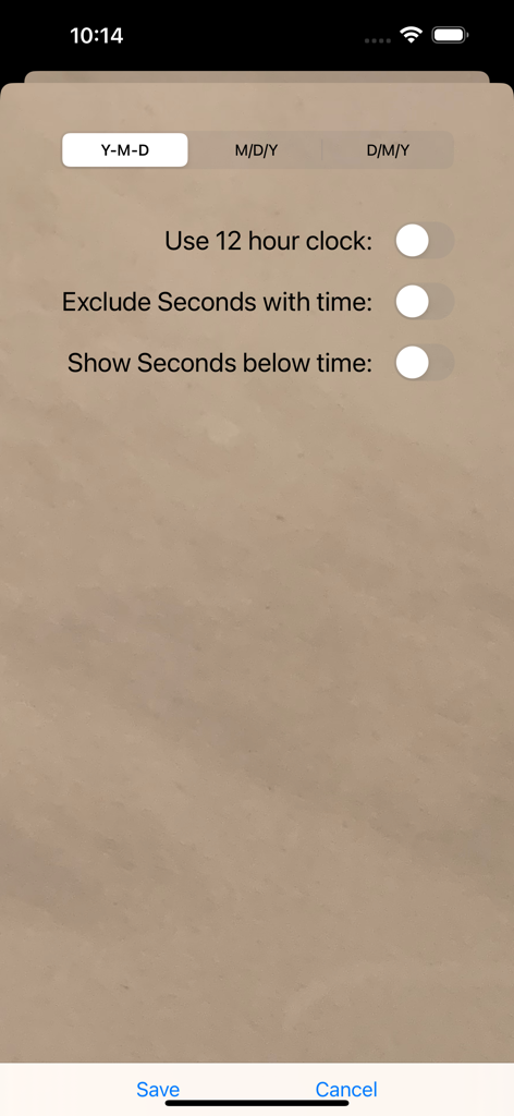 Roman Digital Clock - Tela de configurações do aplicativo Relógio Digital Romano mostrando opções de exibição de data e hora em um fundo de pergaminho