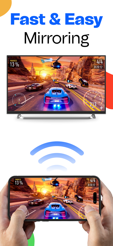 A person playing a racing game on an iPhone while mirroring the screen to a large TV