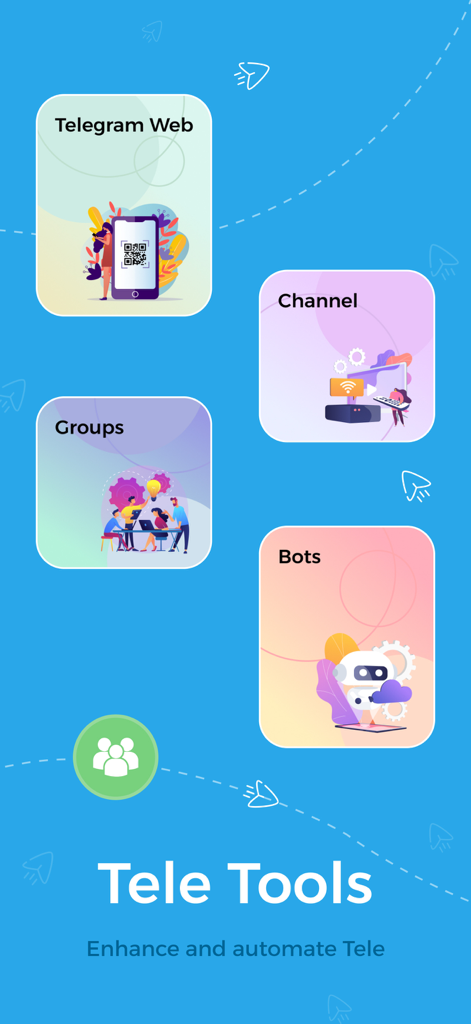 Capture d'écran de l'application Tele Tools mettant en évidence des fonctionnalités telles que Telegram Web, les chaînes, les groupes et les bots