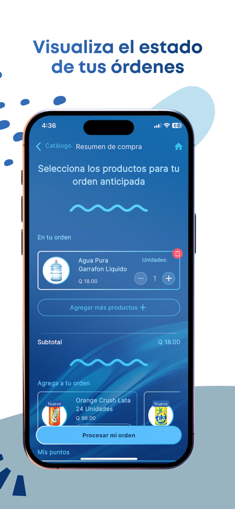 App Tu Hogar: Pide ahora - Pantalla de la aplicación móvil que muestra un resumen de compra con agua embotellada y refrescos en el carrito de compras