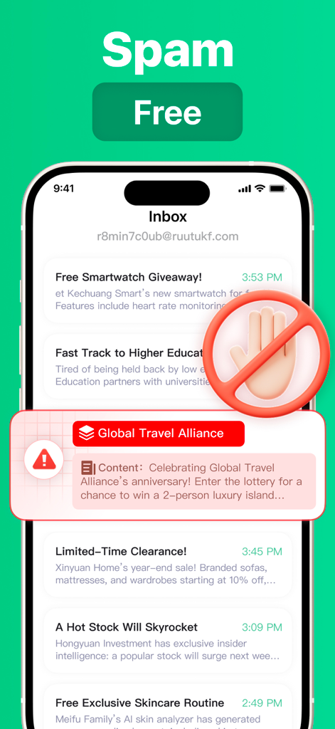 Temp Mail Pro ™ - Interface of the Temp Mail Pro app showing an inbox protected from spam emails with a red stop hand icon.