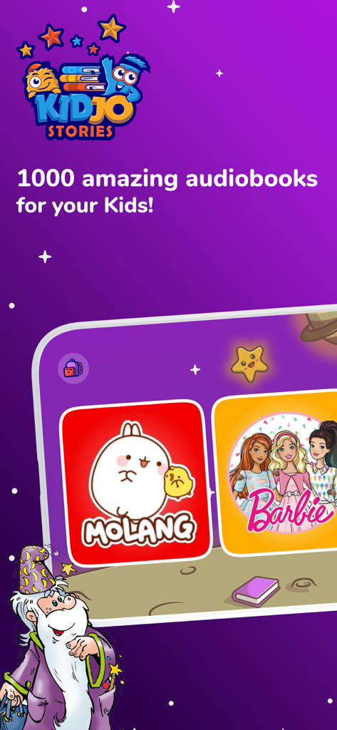 Kidjo Stories & Audio for kids - Kidjo Stories app interface showing a digital library with Molang and Barbie audiobooks for children