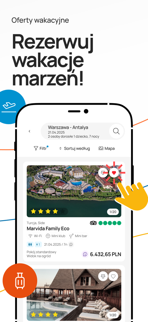 Mobile app screen of Coral Travel Poland showing search results for all inclusive holidays in Turkey with hotel ratings and pricing