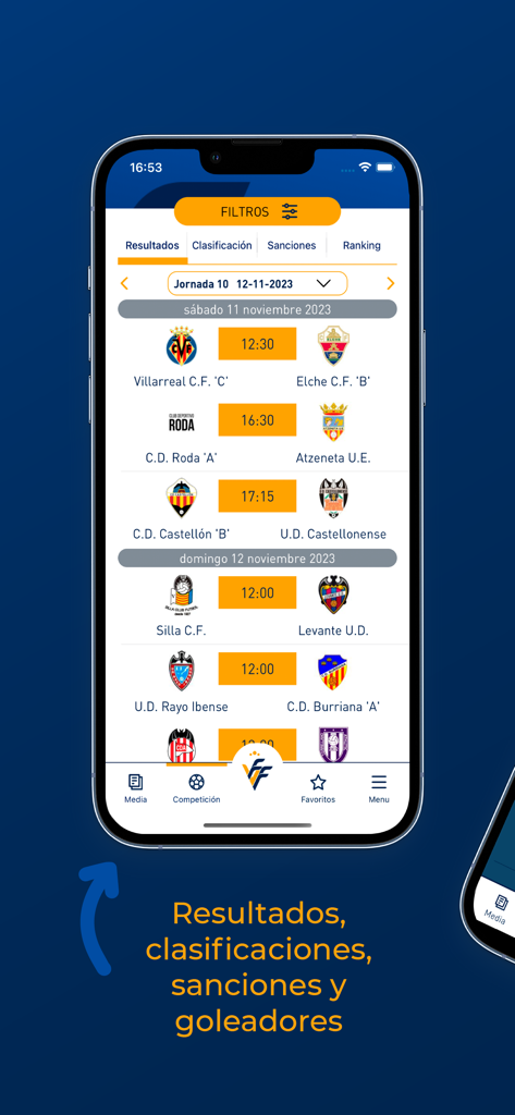 FFCV - FFCV app interface displaying soccer match schedules and results for regional leagues in Valencia