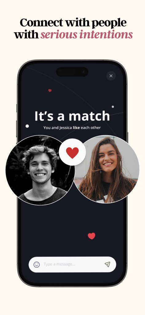 Reddi: The Matchmaking App - Interfaz de la app de citas Reddi mostrando una coincidencia entre dos personas y el lema Conéctate con personas con intenciones serias