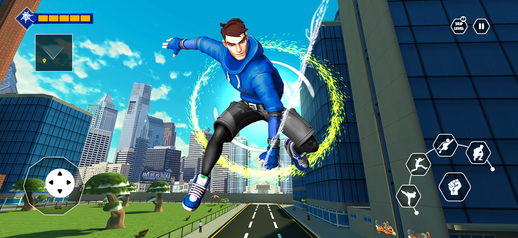 The 3D Superheroes Grand Fight - A 3D superhero character in a blue hoodie leaping through a city with action game controls