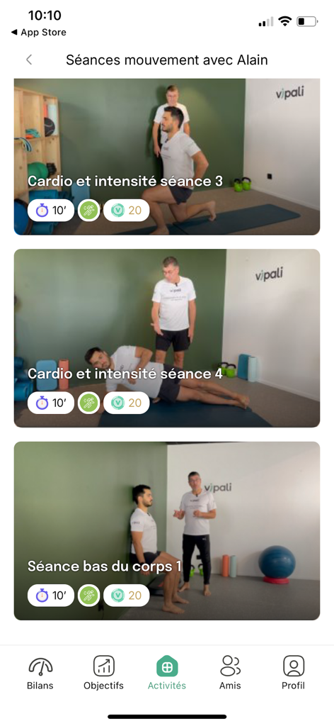 Vipali - Vipali mobile app interface showing various cardio and lower body workout video sessions led by a coach.