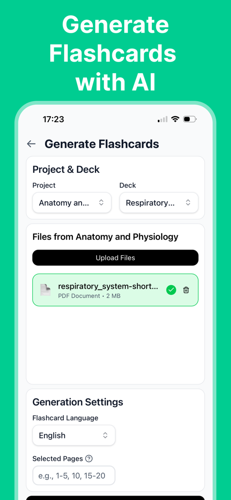 Memora: Study App & Flashcards - A mobile app interface showing the process of generating AI flashcards from an uploaded PDF document for an Anatomy and Physiology project.