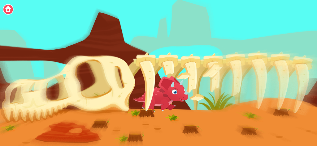 Dinosaur Park - Games for kids - 砂漠の風景で、大きな恐竜の化石の隣を歩くピンクのカートゥーントリケラトプス