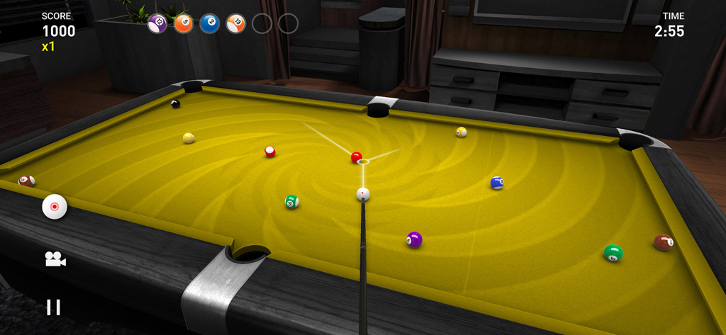 A screenshot of Real Pool 3D gameplay showing a cue stick aiming at balls on a custom yellow table.