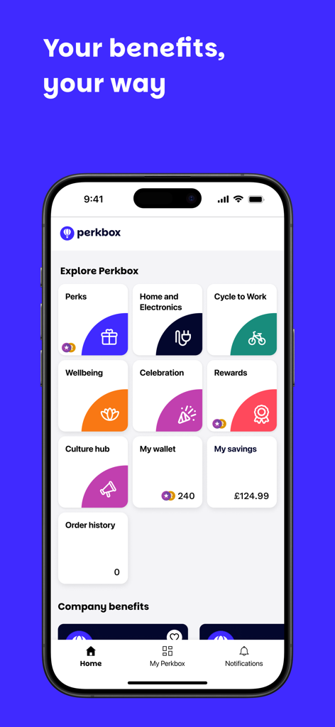 Perkbox mobile app interface showing a dashboard with categories for perks wellbeing and rewards