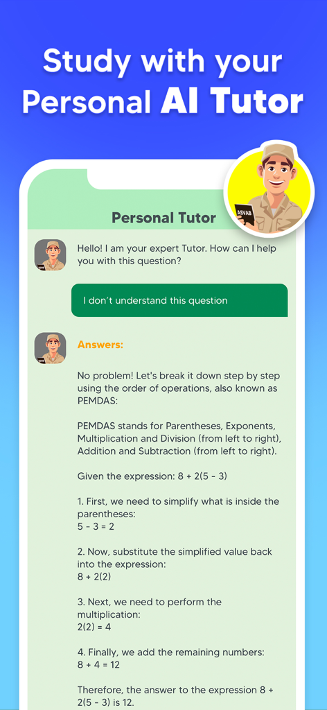 ASVAB Practice Prep Test 2025 - ASVAB study app screen showing a personal AI tutor explaining a math problem step by step