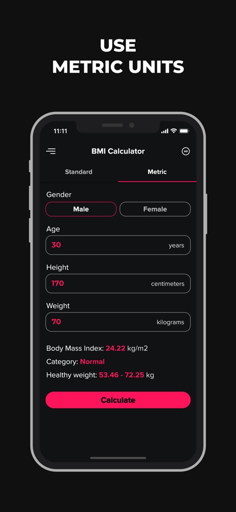 BMI 계산기 앱 인터페이스로, 미터법 단위의 몸무게와 키 입력 및 계산된 결과가 다크 모드로 표시됩니다.