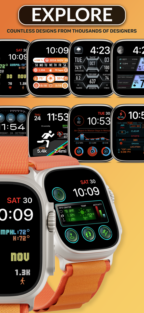 Una raccolta di quadranti personalizzati per Apple Watch che mostrano vari design digitali con dati sanitari e widget meteo