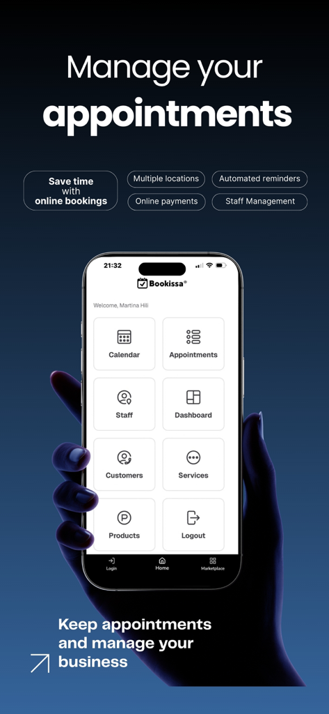 Bookissa - A smartphone displaying the Bookissa app dashboard for managing beauty salon appointments and services