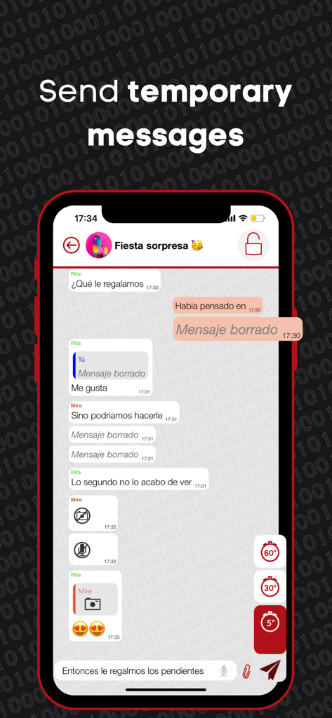 Criptoo - Interface do aplicativo Criptoo exibindo mensagens temporárias autodestrutivas com opções de temporizador de contagem regressiva.