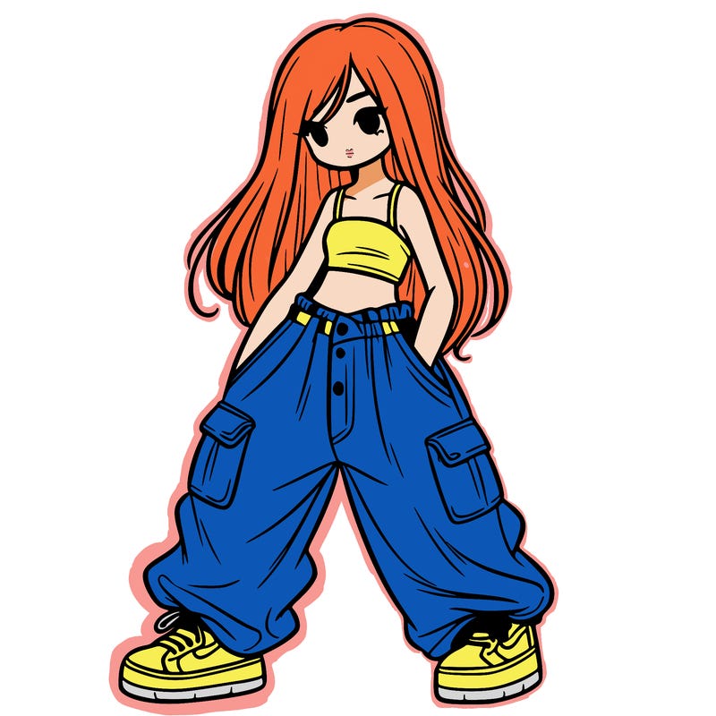 girl in baggy pants, crop top, and long hair