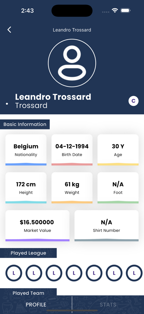 Player profile screen in Tudo Football app showing detailed stats and bio for Leandro Trossard