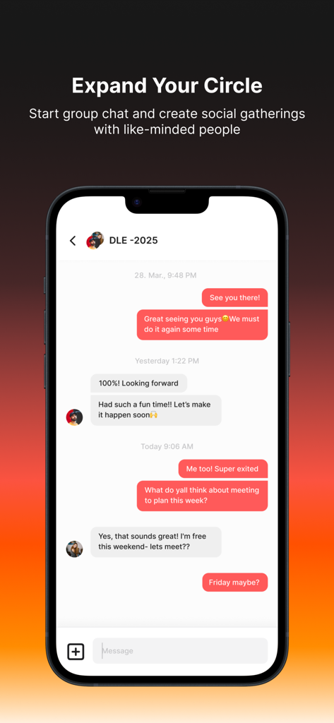 Connect App - Events Nearby - Connect App group chat interface showing users planning social gatherings and events