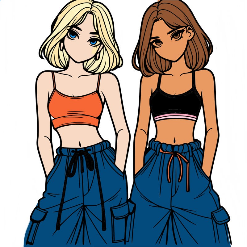 two girls with crop top with baggy pants