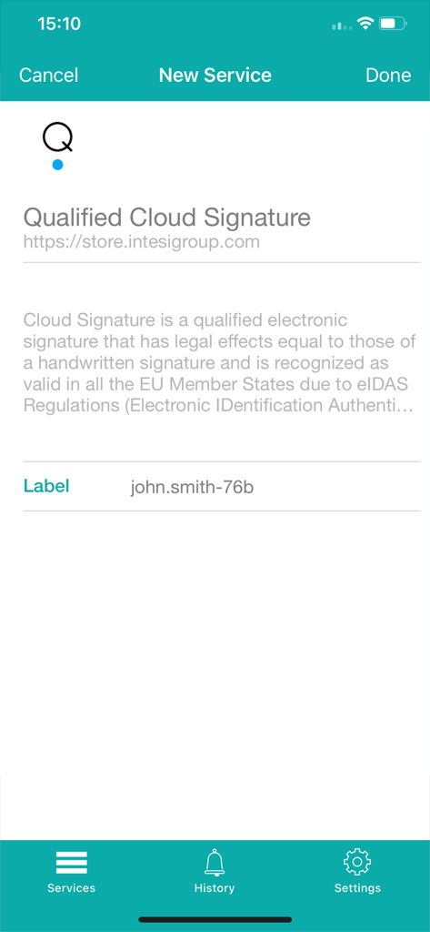 IG YOU - Schermata dell'app IG YOU per aggiungere un nuovo servizio, che mostra i dettagli per la Firma Cloud Qualificata e un campo per l'etichetta utente.