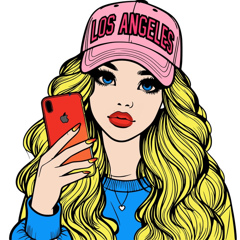 realistic beautiful girl wearing los ángeles cap holding an iphone