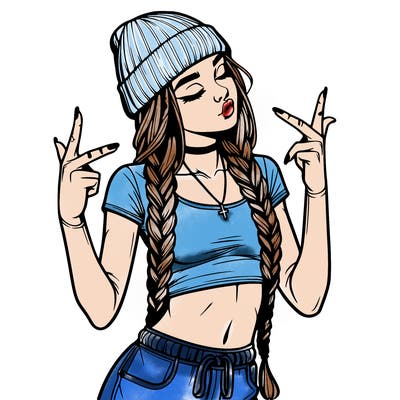 realistic teenage girl with braids and a beanie and crop top doing 🫶🏼