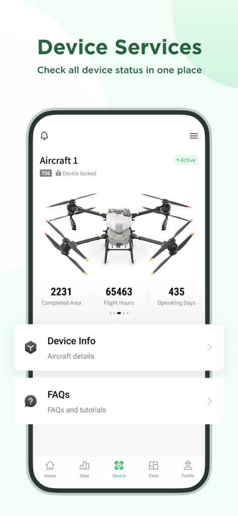 DJI SmartFarm - DJI SmartFarm 앱으로, 항공기 상태 및 장치 서비스 개요를 보여줍니다.