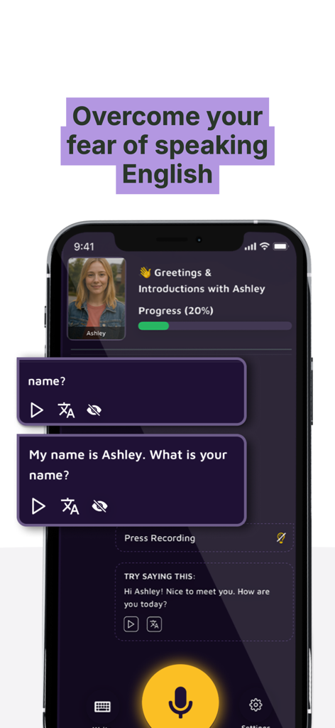 Talk Party: Practice English - L'interface de l'application Talk Party pour pratiquer l'anglais parlé avec un personnage IA