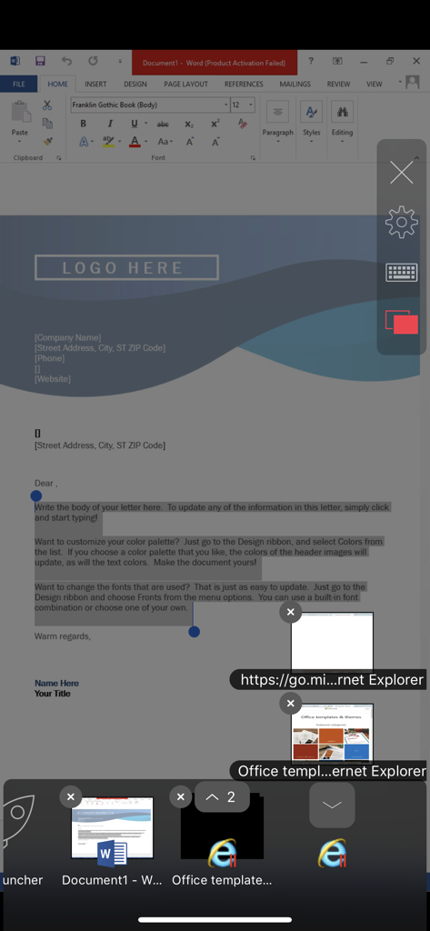 Mobile interface of Parallels Client showing remote access to Windows Word and Internet Explorer applications