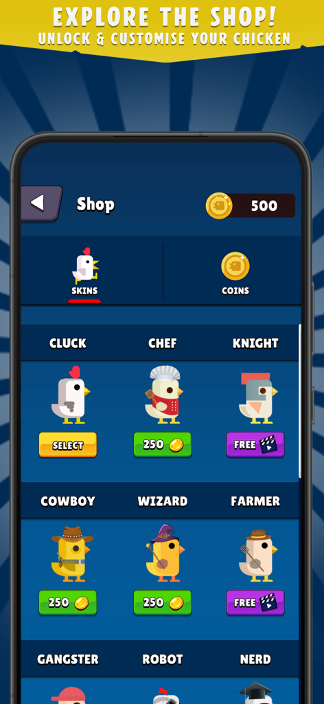 Chicken Scream Challenge Go Up - In-game shop screen showing various chicken character skins like Chef Cowboy and Wizard with coin prices and unlock options