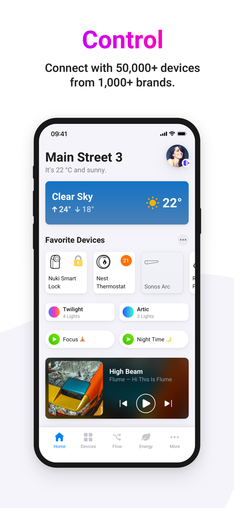 Homey mobile app dashboard displaying smart home device controls for Nest thermostat Sonos speaker and smart locks
