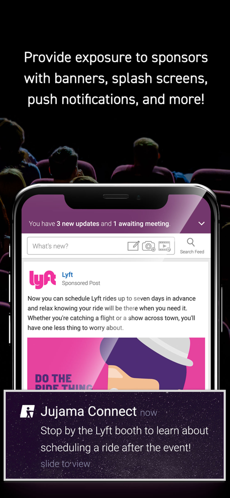 Jujama Connect - Mobile screen showing sponsor exposure features including a sponsored post and push notification in the Jujama Connect app.