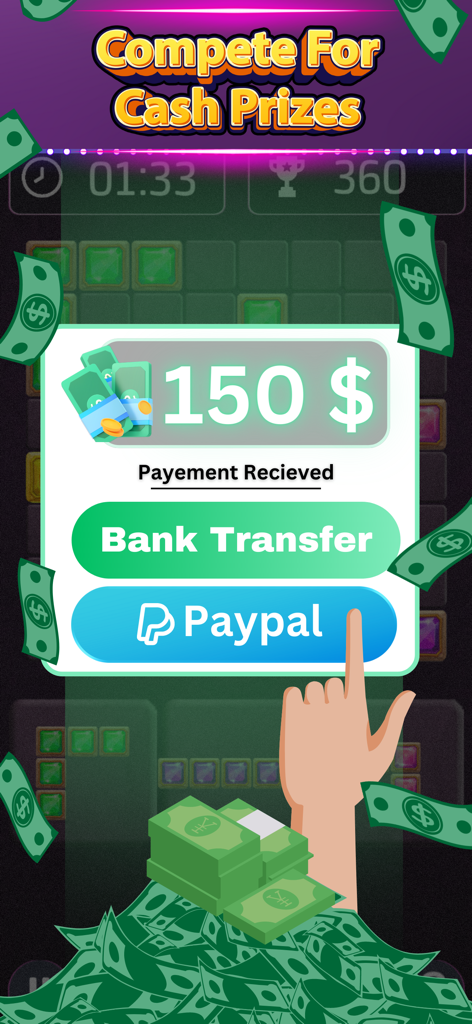 Block Puzzle Win Real Money - PayPalと銀行振込のオプションが表示された現金賞金の支払い画面を示すブロックパズルゲームインターフェース。