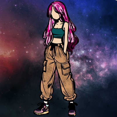 girl in baggy pants crop top and long hair