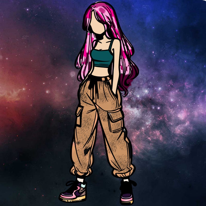 girl in baggy pants crop top and long hair