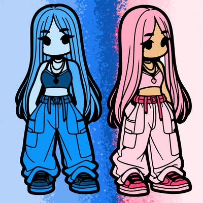 girl in baggy pants crop top and long hair