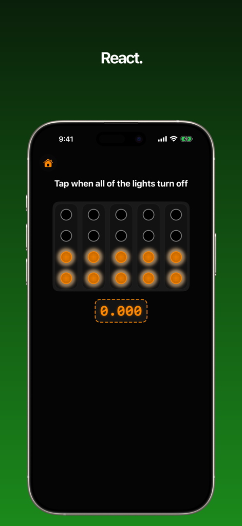 Lights Out: Reaction Time Game - An iPhone displaying the Formula 1 style starting lights gantry in the Lights Out reaction game.