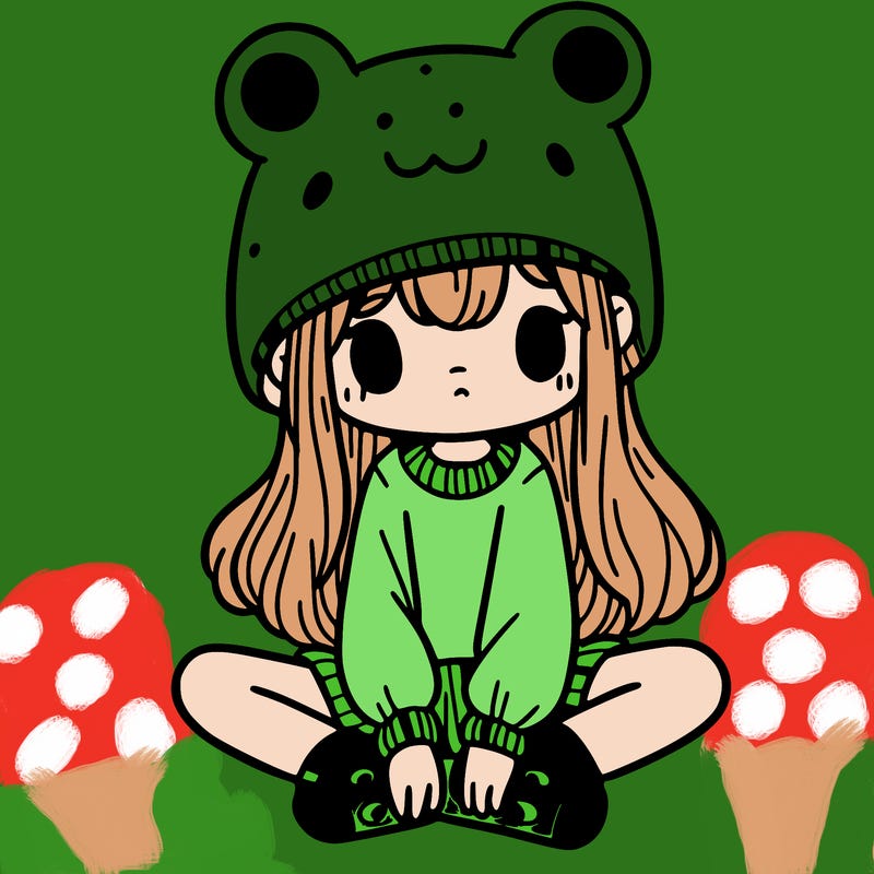 a girl wearing a frog hat and some frog socks